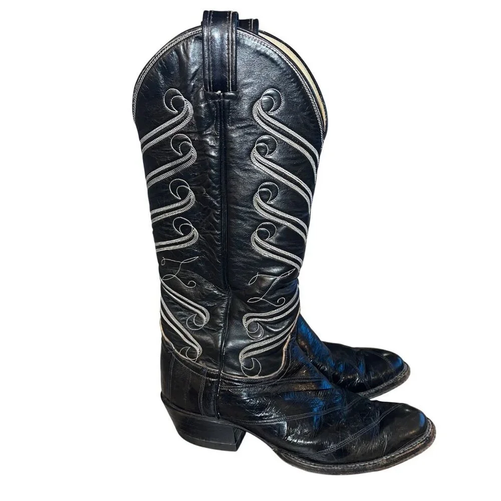 Tony Lama Mens Boots Size 7.5 Black Flame Stitch Detail Eel Skin Casual USA